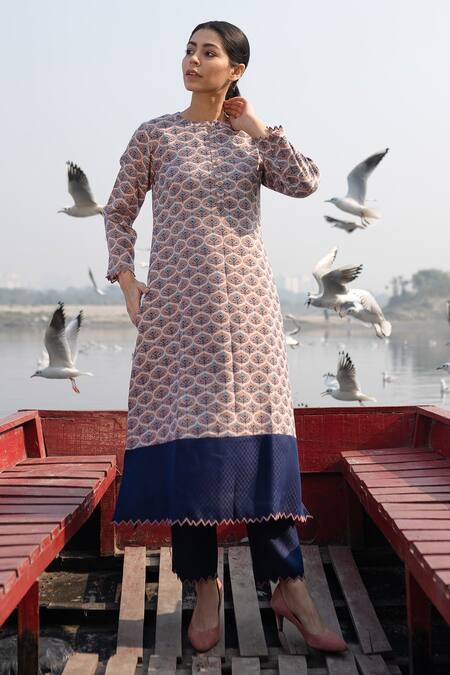 Buy_Naaz By Noor_Beige Light Woolen Round Straight Printed Kurta And Pant Set_Online_at_Aza_Fashions