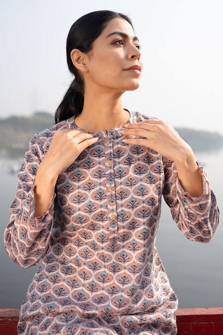 Shop_Naaz By Noor_Beige Light Woolen Round Straight Printed Kurta And Pant Set_Online_at_Aza_Fashions