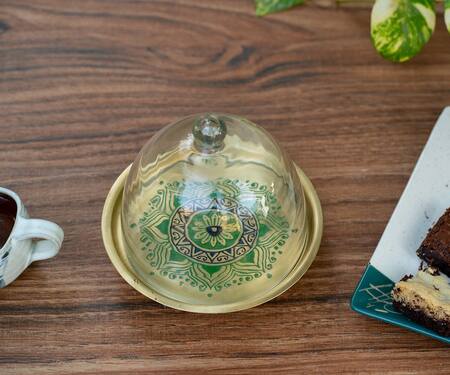 Nakshikathaa - Homeware Gold Brass Utsav Cake Stand With Glass Cloche Online at Aza Fashions Nakshikathaa - Homeware_Gold Brass Utsav Cake Stand With Glass Cloche_Online_at_Aza_Fashions