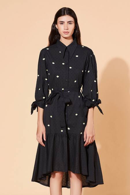 Buy Meadow Black Dress Swiss Dot Inner Voile Asymmetric Embroidered Shirt Online at Aza Fashions Buy_Meadow_Black Dress Swiss Dot Inner Voile Asymmetric Embroidered Shirt _Online_at_Aza_Fashions