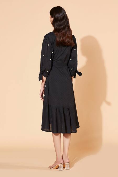 Shop Meadow Black Dress Swiss Dot Inner Voile Asymmetric Embroidered Shirt at Aza Fashions Shop_Meadow_Black Dress Swiss Dot Inner Voile Asymmetric Embroidered Shirt _at_Aza_Fashions