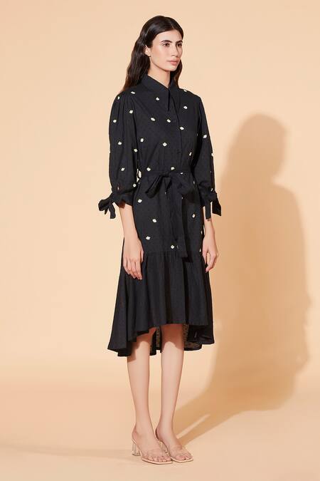 Meadow Black Dress Swiss Dot Inner Voile Asymmetric Embroidered Shirt Online at Aza Fashions Meadow_Black Dress Swiss Dot Inner Voile Asymmetric Embroidered Shirt _Online_at_Aza_Fashions
