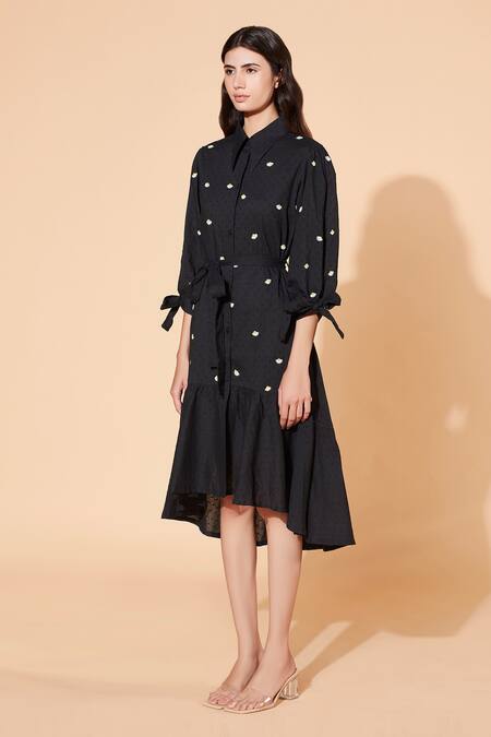 Shop Meadow Black Dress Swiss Dot Inner Voile Asymmetric Embroidered Shirt Online at Aza Fashions Shop_Meadow_Black Dress Swiss Dot Inner Voile Asymmetric Embroidered Shirt _Online_at_Aza_Fashions