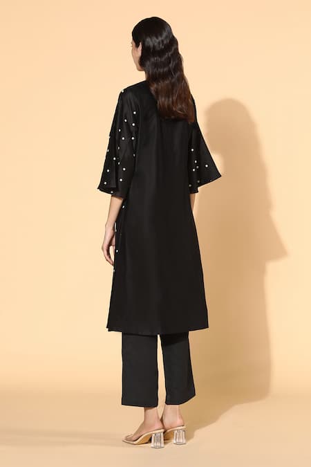 Shop_Meadow_Black Tunic Silk Chanderi Pants Linen Lining V Neck And Set _at_Aza_Fashions
