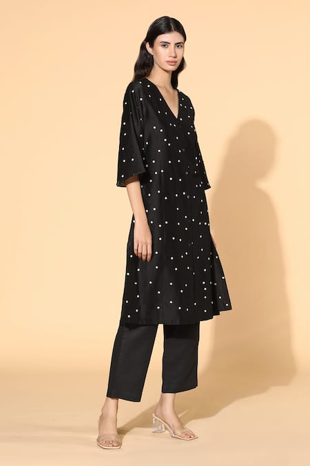 Meadow_Black Tunic Silk Chanderi Pants Linen Lining V Neck And Set _Online_at_Aza_Fashions