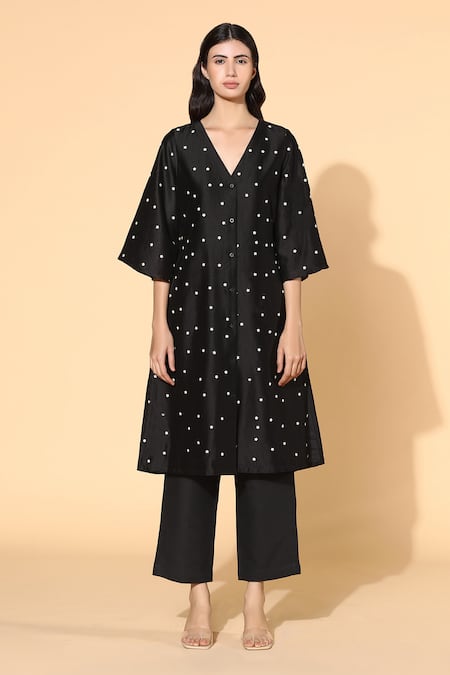 Buy_Meadow_Black Tunic Silk Chanderi Pants Linen Lining V Neck And Set _Online_at_Aza_Fashions
