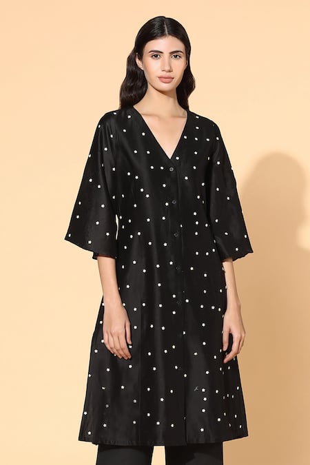 Shop_Meadow_Black Tunic Silk Chanderi Pants Linen Lining V Neck And Set _Online_at_Aza_Fashions