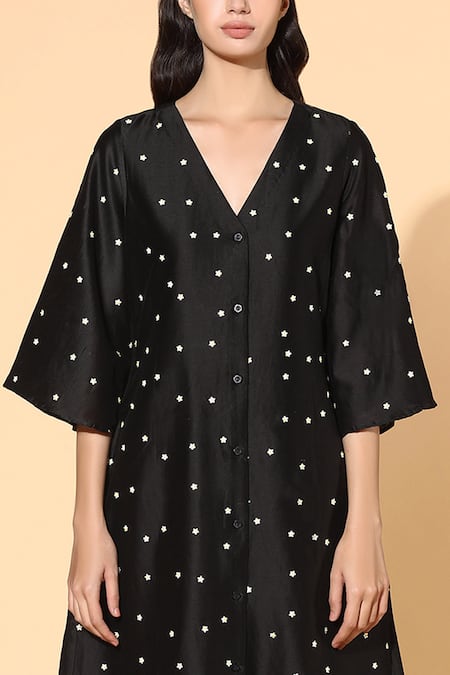 Meadow_Black Tunic Silk Chanderi Pants Linen Lining V Neck And Set _at_Aza_Fashions