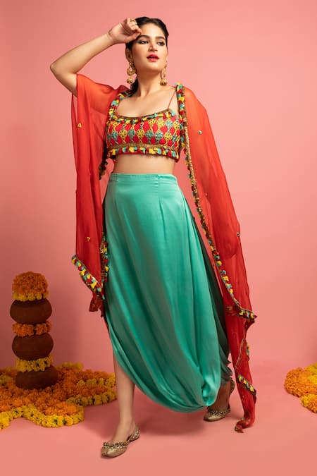 Shop Nitara Dhanraj Label Green Raw Silk, Organza, Satin Thread Work, Coin Embroidered Cape Cowl Skirt Set at Aza Fashions Shop_Nitara Dhanraj Label_Green Raw Silk, Organza, Satin Thread Work, Coin Embroidered Cape Cowl Skirt Set _at_Aza_Fashions