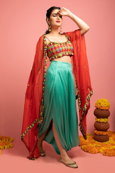 Nitara Dhanraj Label Green Raw Silk, Organza, Satin Thread Work, Coin Embroidered Cape Cowl Skirt Set Online at Aza Fashions Nitara Dhanraj Label_Green Raw Silk, Organza, Satin Thread Work, Coin Embroidered Cape Cowl Skirt Set _Online_at_Aza_Fashions