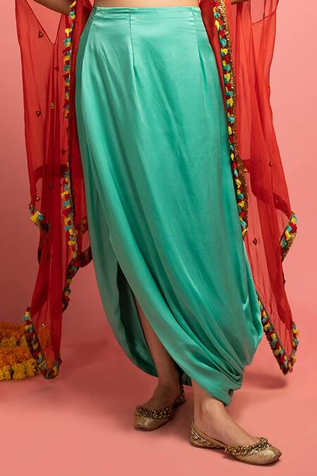 Shop Nitara Dhanraj Label Green Raw Silk, Organza, Satin Thread Work, Coin Embroidered Cape Cowl Skirt Set Online at Aza Fashions Shop_Nitara Dhanraj Label_Green Raw Silk, Organza, Satin Thread Work, Coin Embroidered Cape Cowl Skirt Set _Online_at_Aza_Fashions