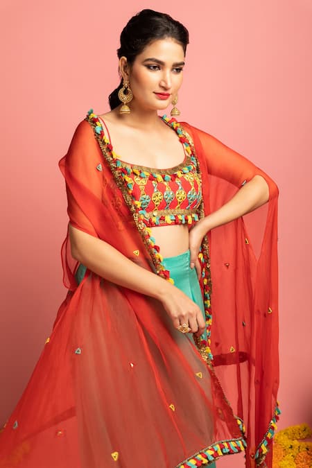 Nitara Dhanraj Label Green Raw Silk, Organza, Satin Thread Work, Coin Embroidered Cape Cowl Skirt Set at Aza Fashions Nitara Dhanraj Label_Green Raw Silk, Organza, Satin Thread Work, Coin Embroidered Cape Cowl Skirt Set _at_Aza_Fashions