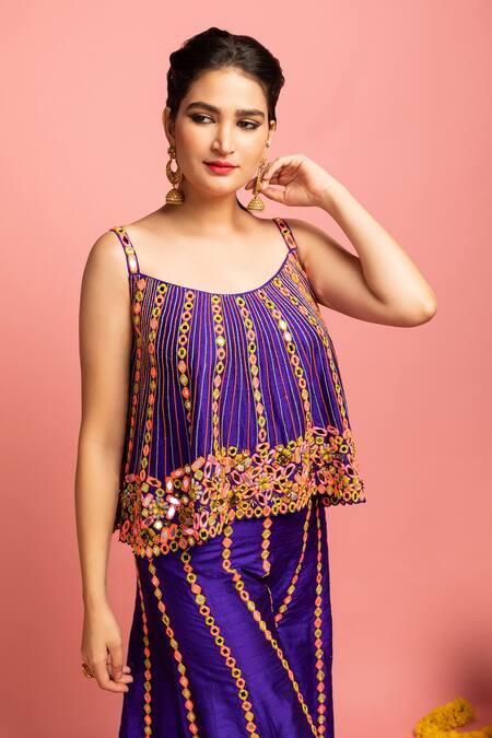 Nitara Dhanraj Label_Purple Raw Silk Mirror Work, Sequins Round Embroidered Tent Top And Sharara Set _Online_at_Aza_Fashions
