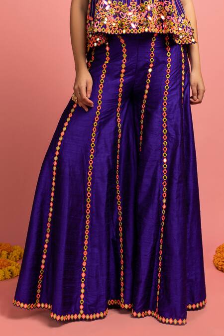 Buy_Nitara Dhanraj Label_Purple Raw Silk Mirror Work, Sequins Round Embroidered Tent Top And Sharara Set _Online_at_Aza_Fashions