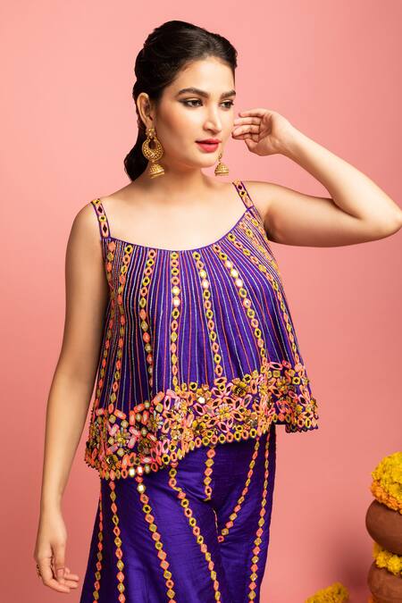 Shop_Nitara Dhanraj Label_Purple Raw Silk Mirror Work, Sequins Round Embroidered Tent Top And Sharara Set _Online_at_Aza_Fashions