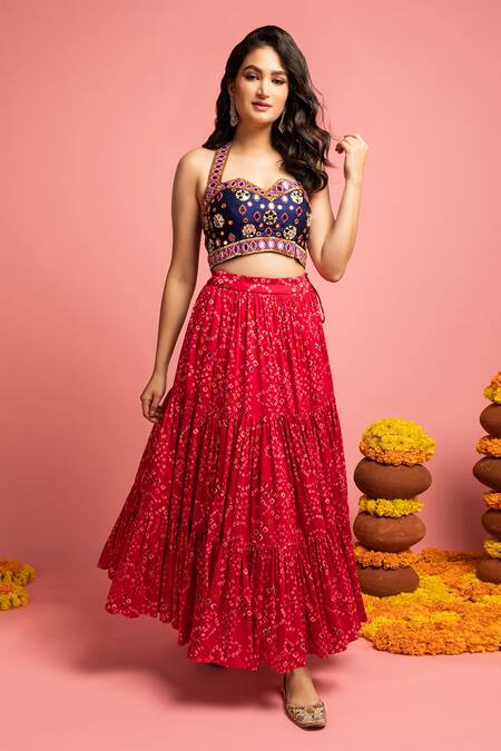 Nitara Dhanraj Label Blue Raw Silk Mirror , Thread Printed Lehenga And Embroidered Choli Set Online at Aza Fashions Nitara Dhanraj Label_Blue Raw Silk Mirror , Thread Printed Lehenga And Embroidered Choli Set _Online_at_Aza_Fashions