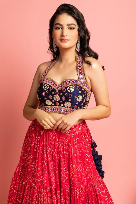 Nitara Dhanraj Label Blue Raw Silk Mirror , Thread Printed Lehenga And Embroidered Choli Set at Aza Fashions Nitara Dhanraj Label_Blue Raw Silk Mirror , Thread Printed Lehenga And Embroidered Choli Set _at_Aza_Fashions