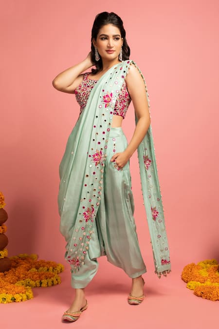 Nitara Dhanraj Label Green Raw Silk Embroidered Mirror Work Pre-draped Saree With Blouse 