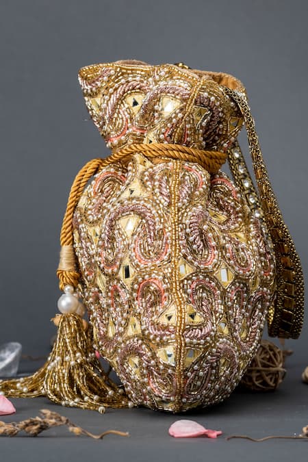 Shop Eena Gold Embroidery, Beads Embellished Potli Bag at Aza Fashions Shop_Eena_Gold Embroidery, Beads Embellished Potli Bag _at_Aza_Fashions
