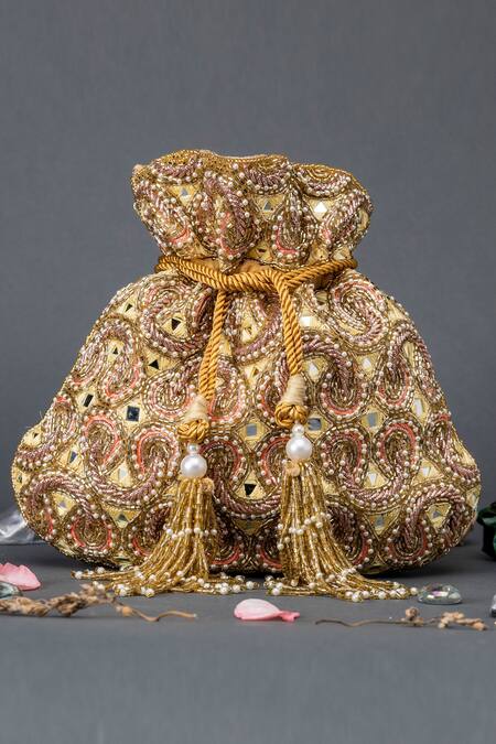 Eena Gold Embroidery, Beads Embellished Potli Bag Online at Aza Fashions Eena_Gold Embroidery, Beads Embellished Potli Bag _Online_at_Aza_Fashions