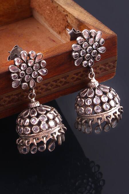Noor_Silver Plated Stones Studded Jhumkas_Online_at_Aza_Fashions