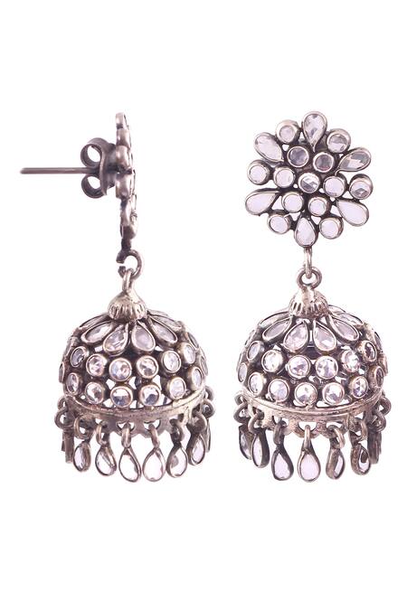 Buy_Noor_Silver Plated Stones Studded Jhumkas_Online_at_Aza_Fashions