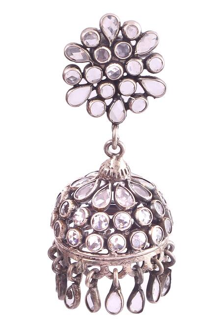 Shop_Noor_Silver Plated Stones Studded Jhumkas_Online_at_Aza_Fashions