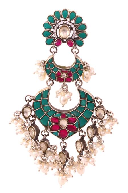 Shop_Noor_Blue Beads, Diamonds Kundan Chandbali Earrings_Online_at_Aza_Fashions