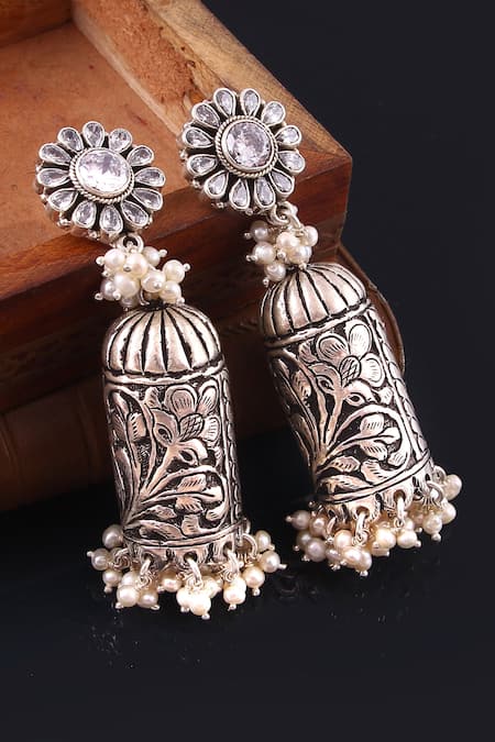 Noor_Silver Plated Stone Studded Jhumkas _Online_at_Aza_Fashions