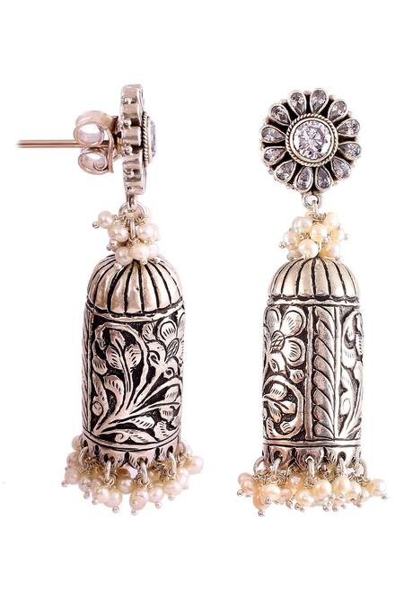Buy_Noor_Silver Plated Stone Studded Jhumkas _Online_at_Aza_Fashions