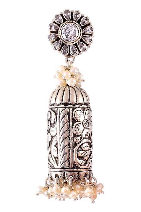 Shop_Noor_Silver Plated Stone Studded Jhumkas _Online_at_Aza_Fashions