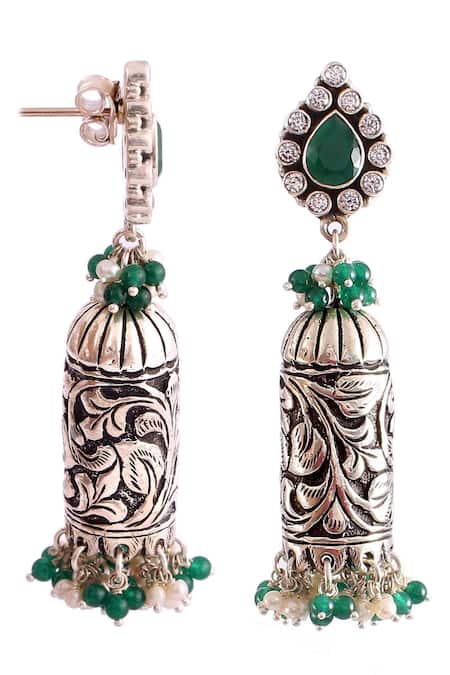 Buy_Noor_Silver Plated Stone Studded Jhumkas _Online_at_Aza_Fashions