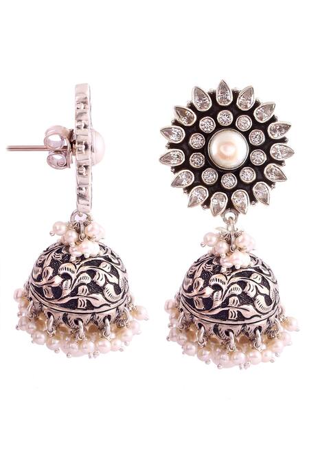 Buy_Noor_Silver Plated Pearls Drop Jhumkas_Online_at_Aza_Fashions