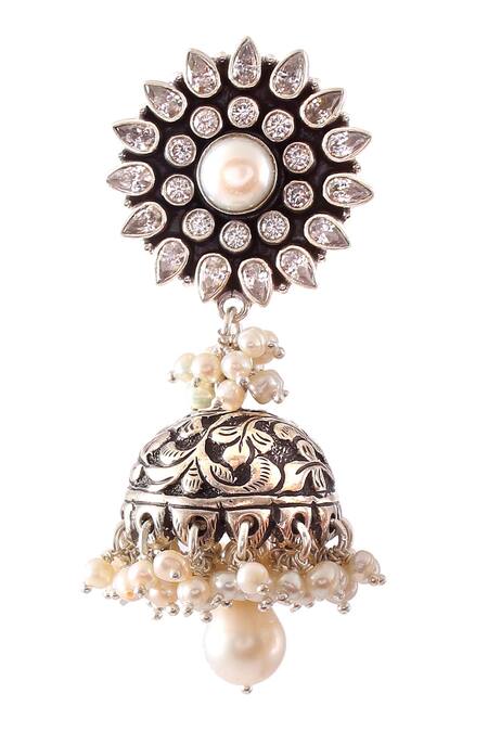 Shop_Noor_Silver Plated Pearls Drop Jhumkas_Online_at_Aza_Fashions