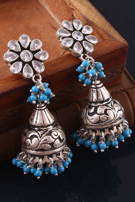 Noor_Silver Plated Studded Bead Drop Jhumkas_Online_at_Aza_Fashions