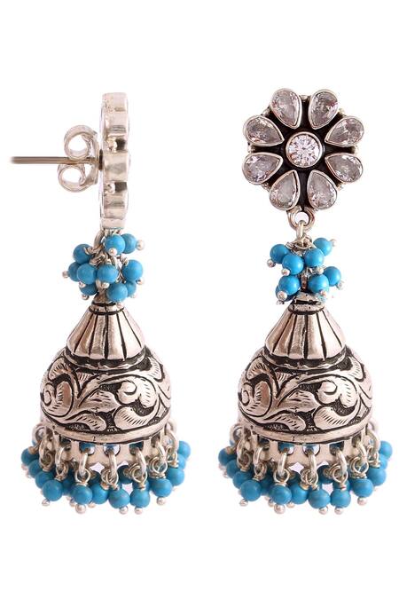 Buy_Noor_Silver Plated Studded Bead Drop Jhumkas_Online_at_Aza_Fashions