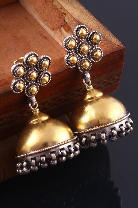 Noor_Gold Plated Oxidized Silver Jhumkas_Online_at_Aza_Fashions