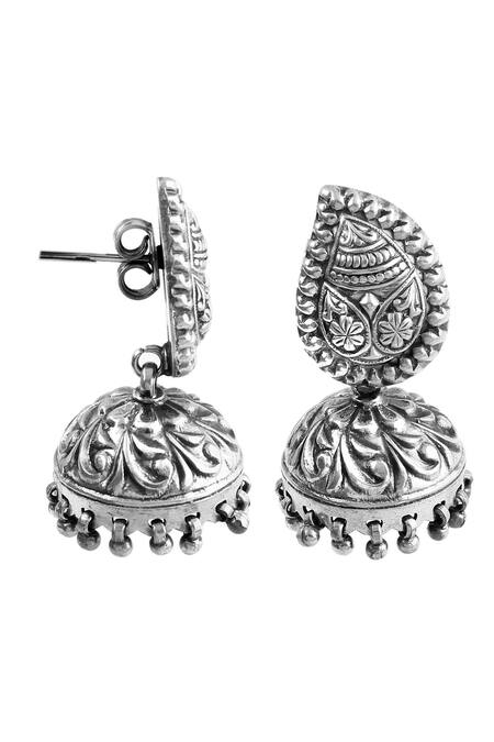 Noor_Silver Plated Oxidized Tear Drop Motif Jhumkas_Online_at_Aza_Fashions