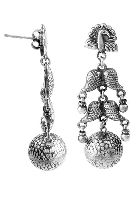 Noor_Silver Plated Oxidized Peacock Motif Earrings_Online_at_Aza_Fashions