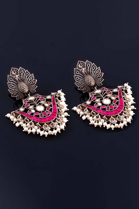 Noor_Pink Pearls, Diamonds, Stones Dangler Earrings_Online_at_Aza_Fashions