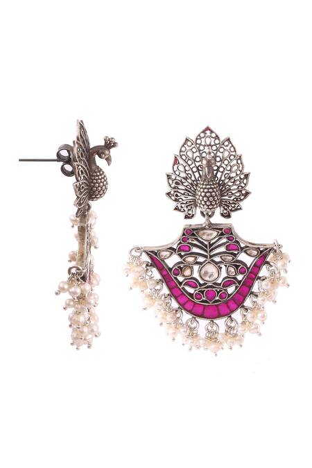 Buy_Noor_Pink Pearls, Diamonds, Stones Dangler Earrings_Online_at_Aza_Fashions