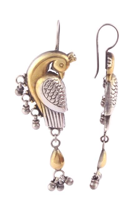 Noor_Silver Plated Gota Patti Peacock Motif Earrings_Online_at_Aza_Fashions