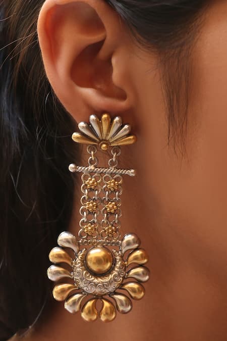 Noor Handcrafted Silver Floral Danglers 