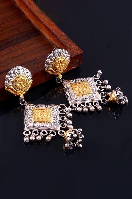 Noor_Silver Plated Handcrafted Jhumkas_Online_at_Aza_Fashions