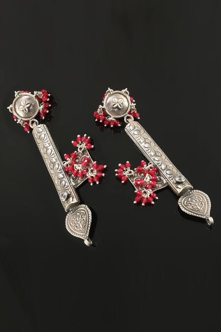 Noor_Silver Plated Beads Handcrafted Oxidized Danglers_Online_at_Aza_Fashions