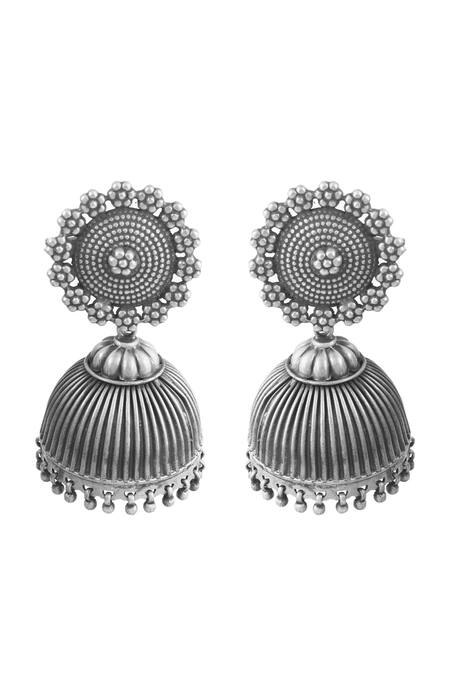 Noor_Silver Plated Floral Motif Jhumkas_Online_at_Aza_Fashions