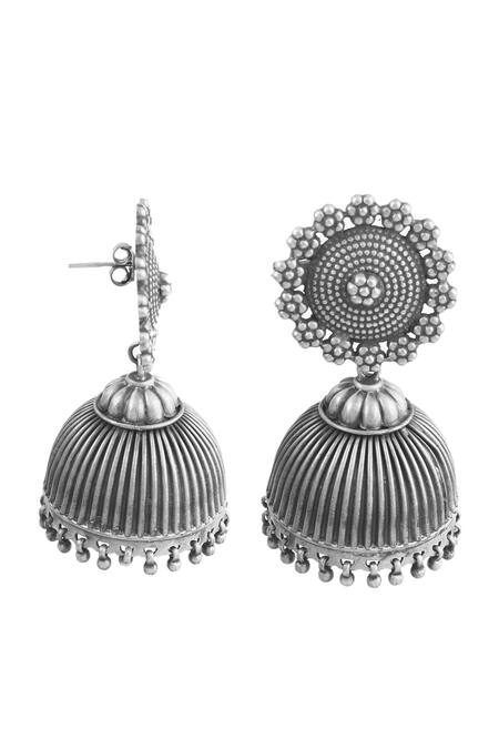 Buy_Noor_Silver Plated Floral Motif Jhumkas_Online_at_Aza_Fashions