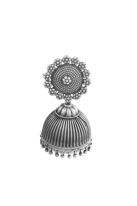 Shop_Noor_Silver Plated Floral Motif Jhumkas_Online_at_Aza_Fashions
