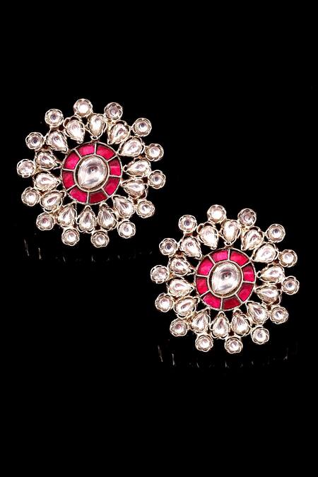 Noor_Silver Plated Pearls Floral Carved Stud Earrings_Online_at_Aza_Fashions