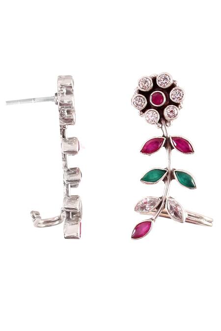 Noor_Silver Plated Gota Patti, Stones Floral And Leaf Carved Studs_Online_at_Aza_Fashions